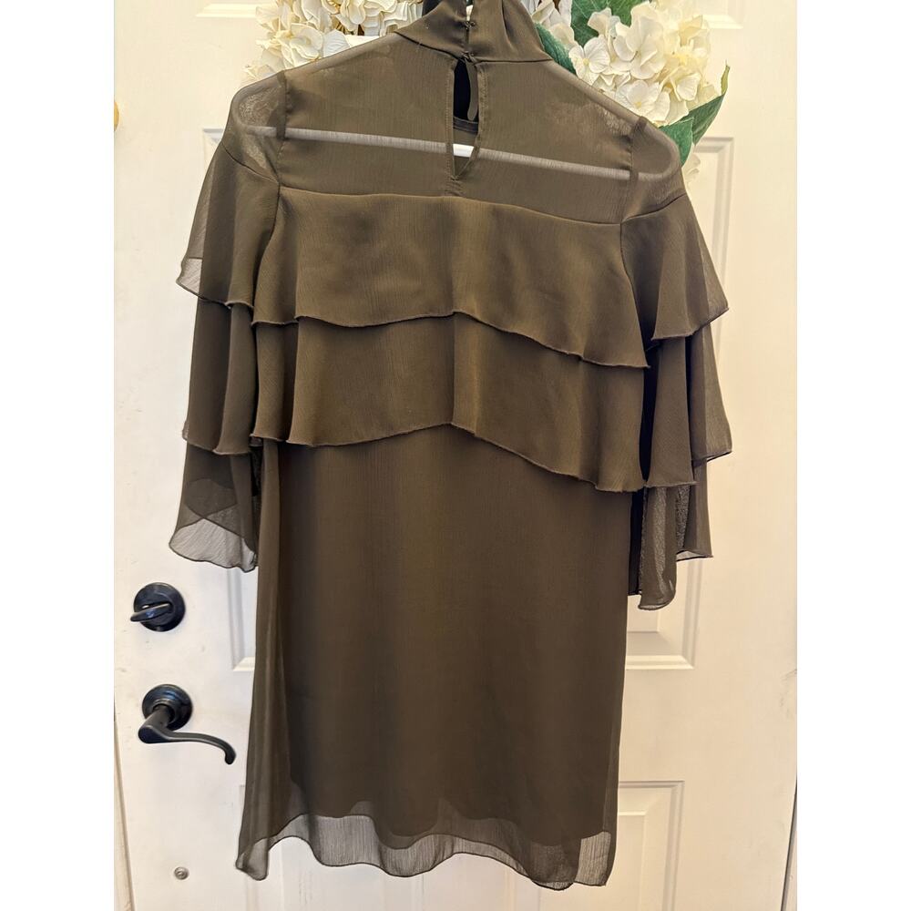 Zara Green Tiered Ruffle Shift Dress Women's XS Flowy Boho Olive Green - Picture 6 of 8